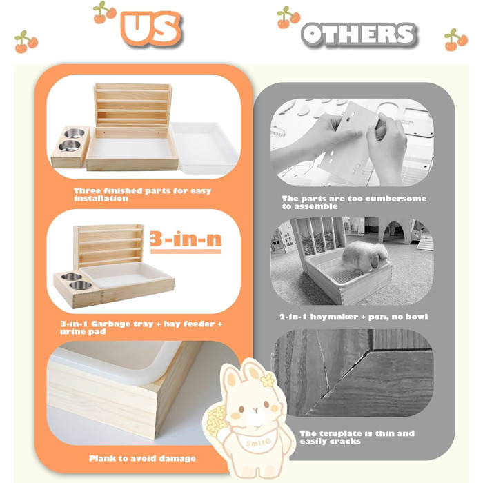 Фунтерійка для сіна PINVNBY 3-в-1 з туалетом для котів та годівницями, для кроликів та морських свинок