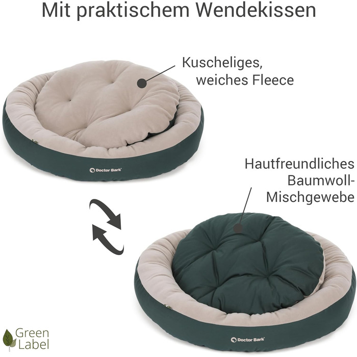 Зручне ліжко для собак Doctor Bark GreenLabel (S, 50x40 см, зелене) - м'яке, кругленьке гніздо з ворсистим подушками з флісу/бавовни