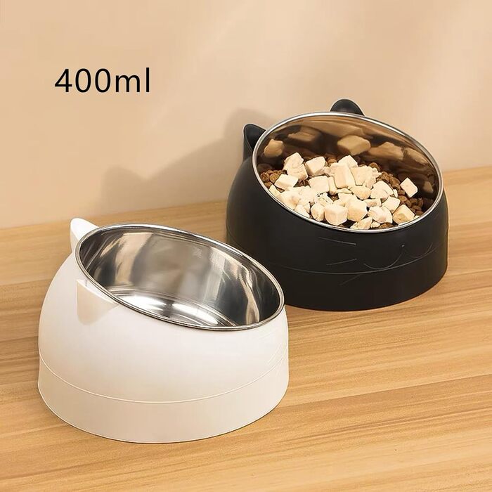 Набір мисок для котів з нержавіючої сталі, 2 шт., нахил 15°, 400 мл, для корму та води, знімні миски для котів та собак