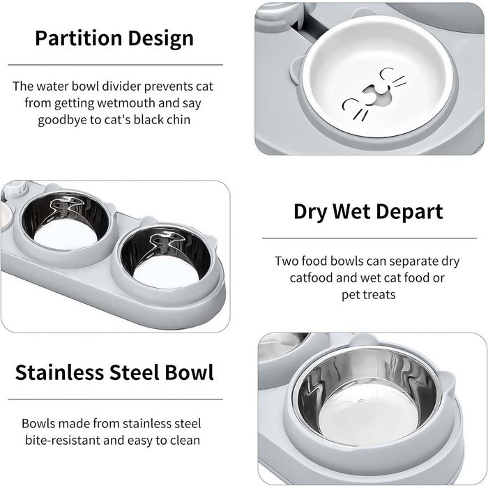 Набір мисок для котів Marchul 3 в 1: годівниця, поїлка з дозатором, миски з нержавіючої сталі, нахил 15°, для котів та собак маленьких та середніх порід (сірий)