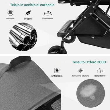 Дитячий візок для тварин BAKAJI 2 в 1, до 40 кг, складний, з капсулою та кошиком для зберігання (сірий)