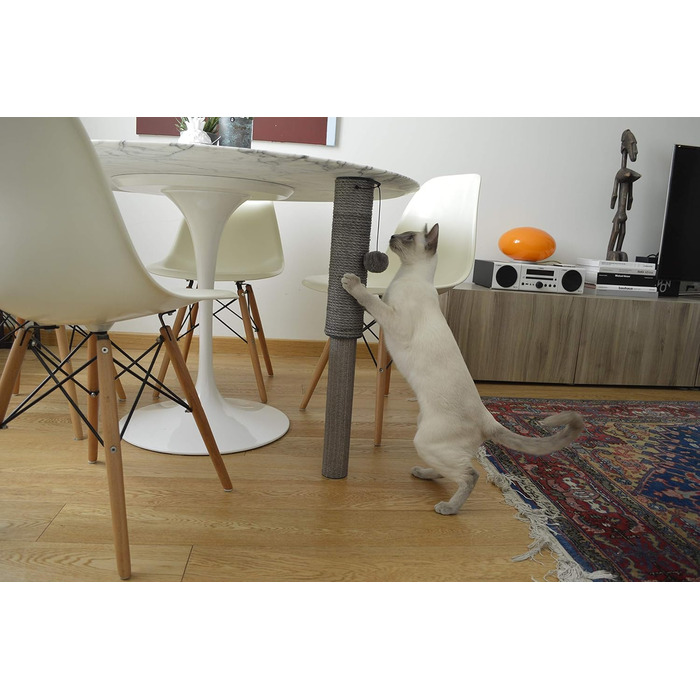 Кігтеточка-стійка для котів United Pets під стіл, сіра, з іграшкою, розтягувана, з сизалю та ротангу