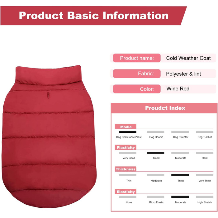 PETCUTE Зимовий теплий пуховик для собак, куртка для маленьких, середніх та великих собак, тепла собача куртка з отвором для повірця, ідеальна для зими, вітронепроникна жилетка для собак, XS, бордовий