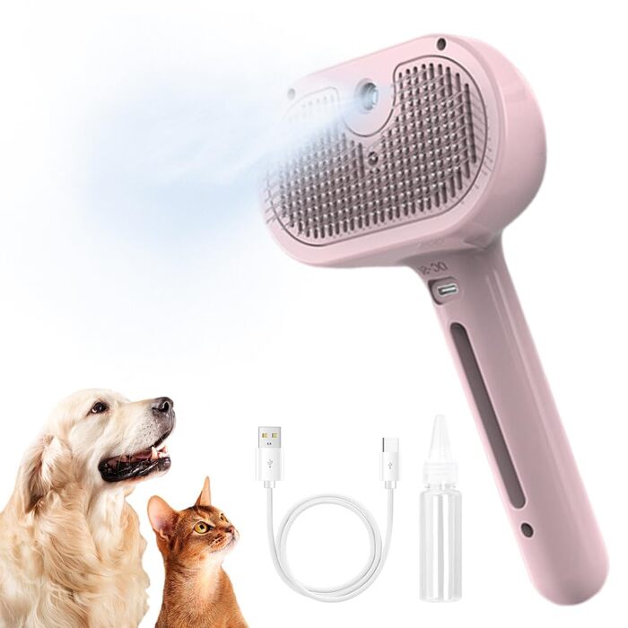 3-в-1 Щітка для котів та собак з парою, антистатична щітка з розпилювачем, самоочисна, для короткої та довгої шерсті, рожева