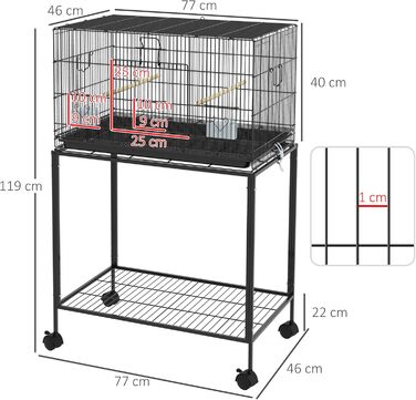 Клітка для птахів PawHut 77x46x119 см, металева, знімний піддон, жердочки, годівниці, для хвилястих папуг і канарок, чорна