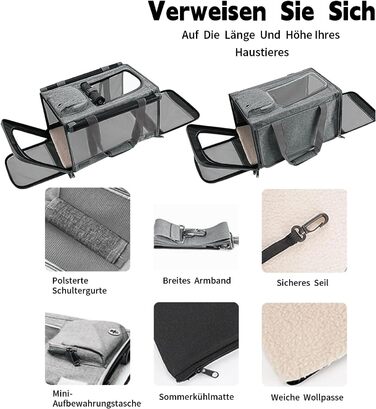 Транспортна переноска для котів та собак, 46x30x30 см, темно-сіра, складана, з вентиляційною сіткою та кишенею, до 10 кг