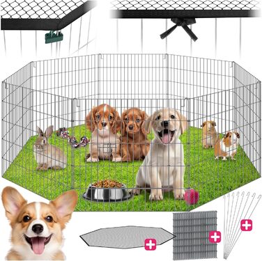 Вольєр Tectake® з захисним сітком, секційна огорожа, розкладна та розширювана, для дрібних тварин, кроликів, як загородження для собак, собачий вольєр, для цуценят, вольєр для кроликів, вуличний вольєр, діаметр 145 см, чорний