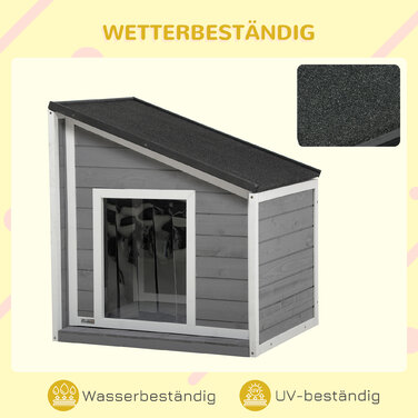 PawHut Dog House Атмосферостійка будка для собаки з ялинового дерева з асфальтовим дахом і дверною шторою сіра 71x58x53/77см для маленьких собак