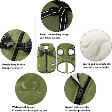 Зимова куртка для собак Aiboria: вітронепроникна, водонепроникна, 2-в-1, тепла, зелена, для цуценят та малих порід