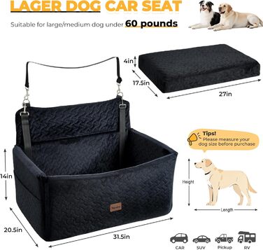 Автокрісло для собак великих та середніх порід до 27,2 кг – З піднятою передньою частиною 35,6 см, подушка з memory foam, знімний чохол (Чорний)