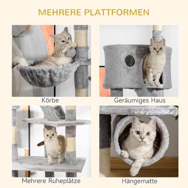 Когтеточка для великих котів PawHut 240-260 см, з сісалем, світло-сіра, під стелю, великий килимок для лазіння, ігровий комплекс для котів