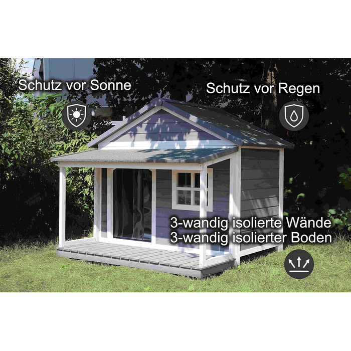 Будка для собак SunnyDogs з масивного дерева | Тепла та водовідштовхуюча будка з дахом та терасою | Розміри: 130 x 118 x 108 см