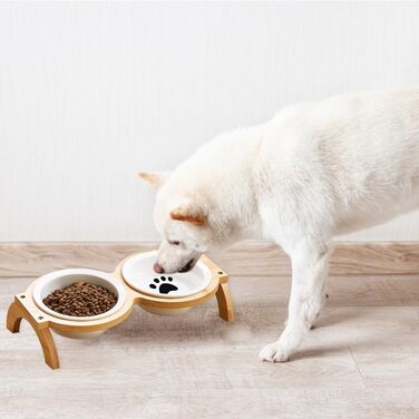 Набір мисок для котів та собак GmeDhc: 2 миски з кераміки на дерев'яній підставці