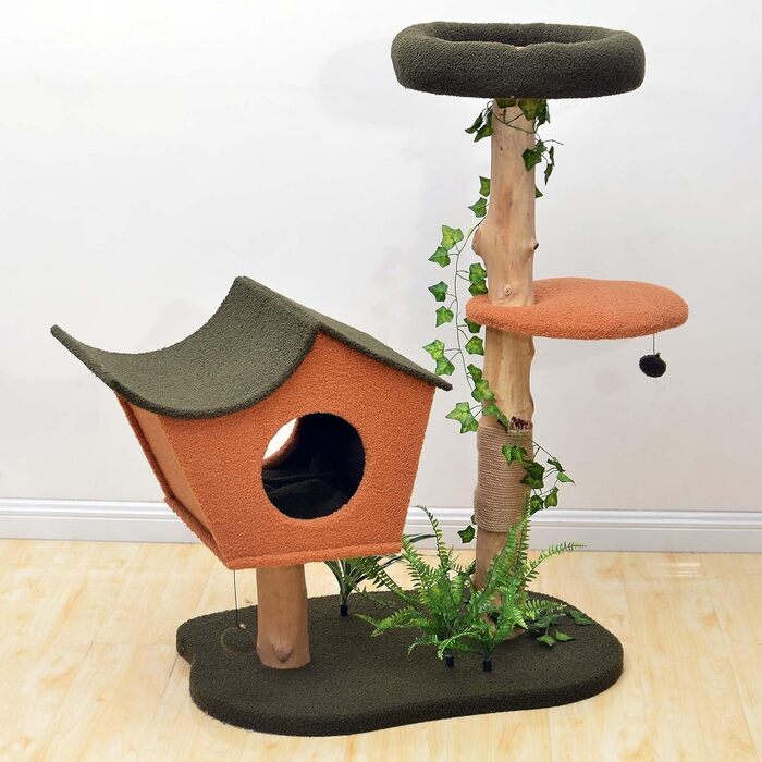 Котячий будиночок та кігтеточка Fudajo з декором у вигляді лап, 154 см: будиночок, стійка, іграшки для котів