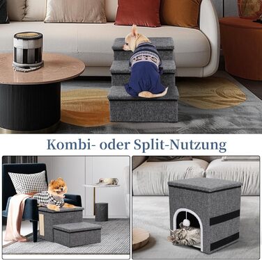 Складні сходи для собак і котів XL, 3 ступені, 90×35×43 см, ширші сходинки, для ліжка та дивана, з відсіком для зберігання, для великих та літніх тварин