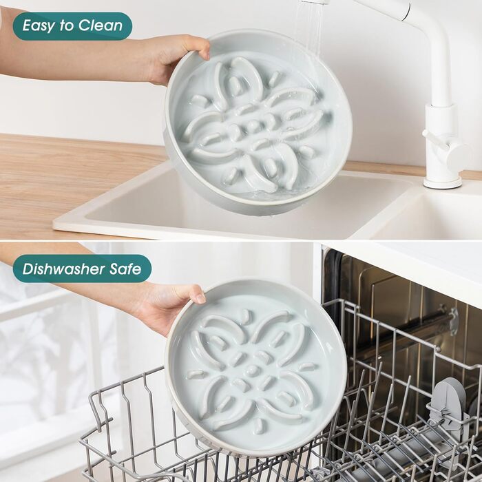 Миска для собак Vancasso з кераміки для повільного годування, пазл-миска з квітковим лабіринтом, протиковзна миска для великих порід, 3 чашки, сіро-блакитний колір