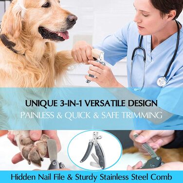 Набір для догляду за нігтями домашніх тварин 3-в-1: тример, пилка, гребінець. Підходить для собак та котів будь-якого розміру. З нержавіючої сталі, професійний, портативний