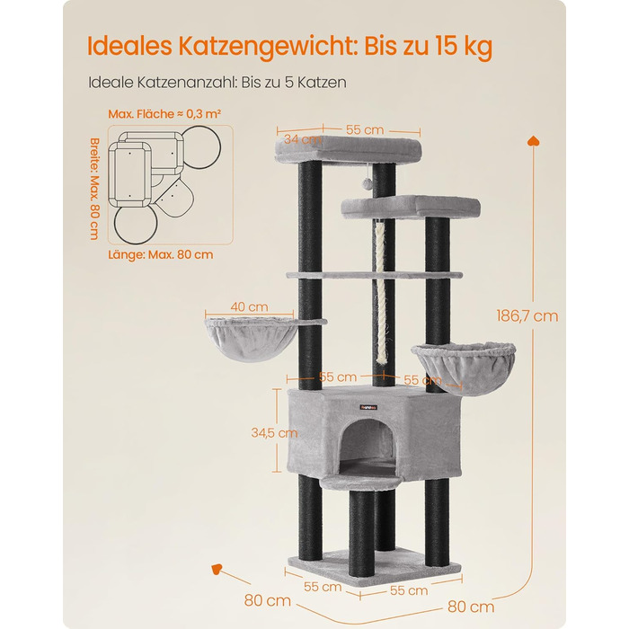 Кігтеточка Feandrea для котів, велика, багатоярусна, XXL, 55 x 55 x 186,7 см, товщина сизалю 11 см, для великих порід котів (Мейн-кун), сіро-чорна, артикул PCT008G02