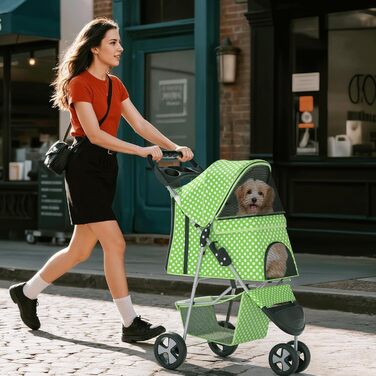 Візок для тварин: для собак та котів, 3 колеса, складний, з кошиком та тримачем для напоїв (зелений з візерунком)