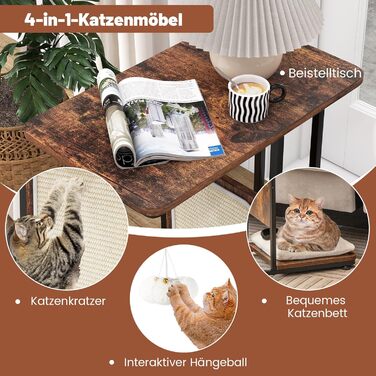 Столик COSTWAY з когтеточкою з сизалю, 4 в 1, меблі для котів, когтедряпка з знімним подушкою та м'ячиком, когтеточки у стилі меблів, ліжко для котів для вітальні/спальні, рустичний коричневий