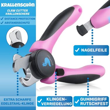 Професійний когтеріз BluePet KrallenSchön із захистом для собак і котів, розмір M-L, рожевий, з обмежувачем і пилкою для нігтів