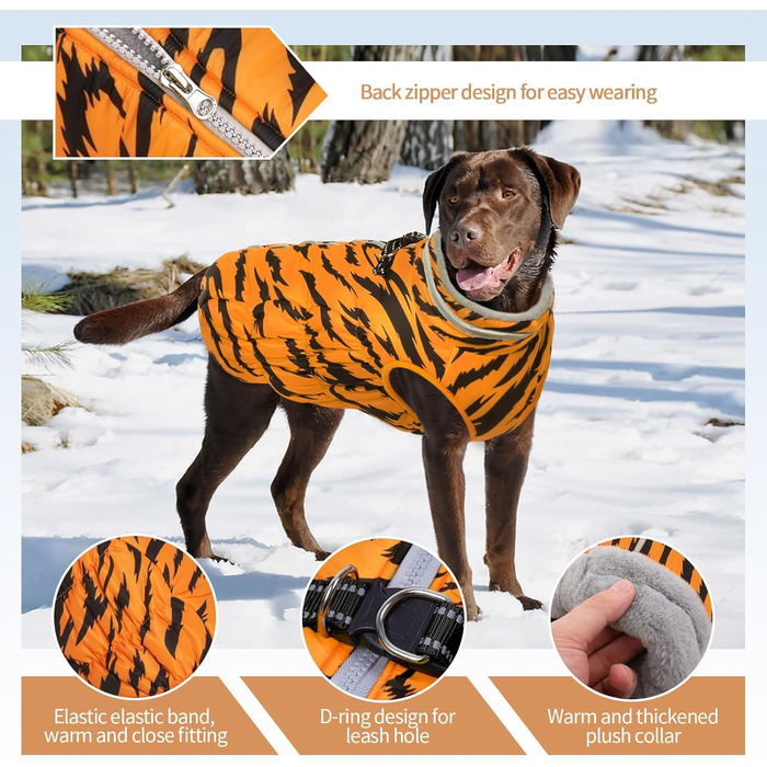 Теплий водонепроникний жилет для собак з інтегрованим шлейкою та світловідбиваючими елементами - зимовий костюм для собак, оранжевий, розмір M