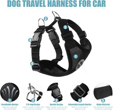 Нашийник для собак NiCola з кріпленням для автопасків, чорний. 2 шт., регульований, для подорожей та повсякденного використання (XS)