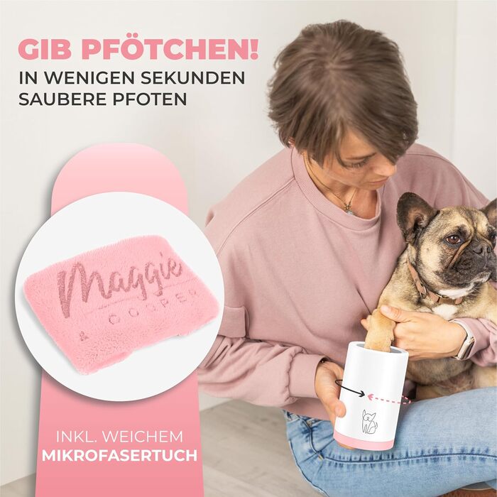 Очисник для лап тварин Maggie & Cooper (розмір S, колір: рожевий) | чисті лапки | з мікрофібровим рушником | 2 розміри | придатний для миття в посудомийній машині | м'які щітки