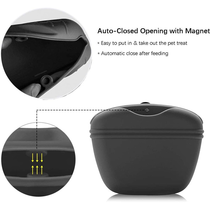 Сумка для ласощів для дресирування собак з силікону, з магнітною застібкою, з кліпсою для пояса, чорного кольору