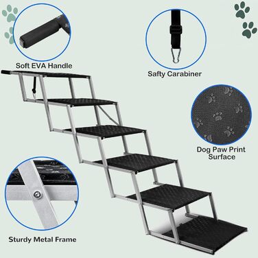 Сходинки для собак у машину, складні - до 113 кг, для великих собак, з антиковзким покриттям (метал та тканина, 6 ступенів, срібний)