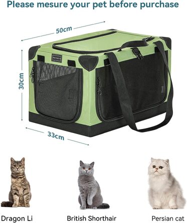 Складана транспортна сумка Petsfit для собак і котів XS, зелена, для подорожей та авто, міцна тканина, регульований чохол, посилені шви