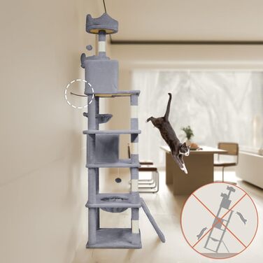 Двоповерховий котячий будиночок Vounot XXL (215 см), стійкий котячий комплекс з гамаком, корзиною та шматочками для дряпання, сірий