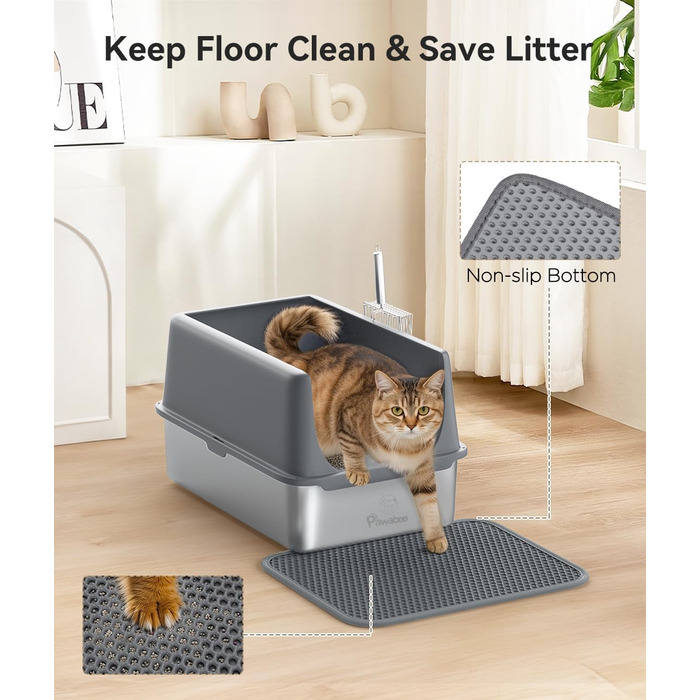 Металева котяча туалетна Pawaboo з кришкою, 60x40,5x32,5 см, велика нержавіюча лоток для котів з високим бортиком, антипригарна, зі совком і килимком для наповнювача