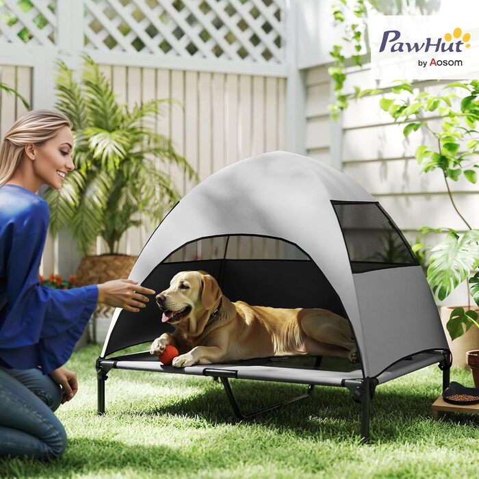 Лежанка для собак PawHut Outdoor з дахом, підняте ліжко для середніх собак, ліжко для домашніх тварин з охолоджуючим ефектом, миється сітчастий сталевий каркас, переносна сумка, ліжко для собак для вулиці, кемпінгу 76x61x71cm, (L 91 x W 76 x H 90 cm, світ