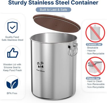 Контейнер для корму для собак та котів Paw Libero, 2 шт., 25 кг (50 кг загалом), нержавіюча сталь, з кришкою з дерева та ручкою з кераміки