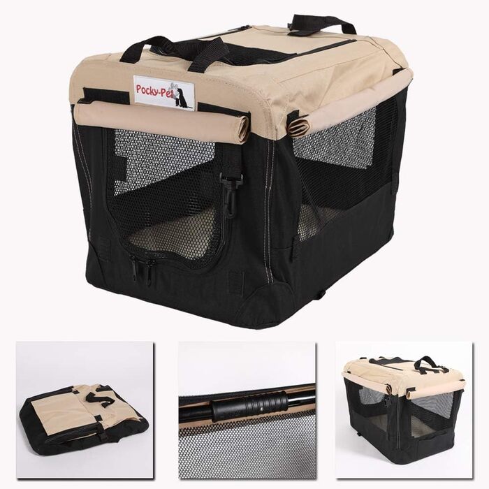 Складана переносна переносна коробка для собак Pocky, розмір S, бежево-чорна, 49x34x34 см, нейлон 600D, міцна