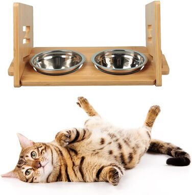 Підвищений годівниця для собак та котів 2-в-1, 4 регульовані висоти, антиковзкий стійкий підставка з нержавіючою чашею, підходить для всіх порід (бамбук)