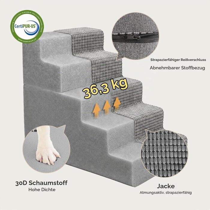 Сходи для маленьких собак Sytopia, 5 ступенів, з пінополіуретану Memory Foam та кукурудзяного оксамиту, сірі (висота 57 см)