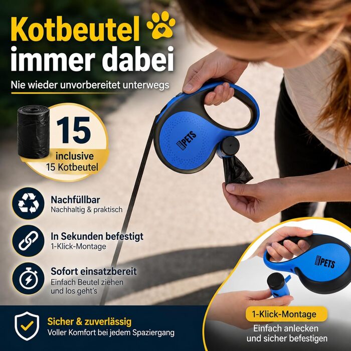 Рулетка для собак Rollleine 8м до 50кг, блакитна XL - висувний повідець з мішком для прибирання