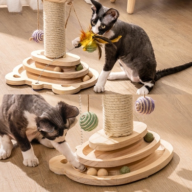 Інтерактивна дерев'яна іграшка-драбалка для котів з м'ячиком