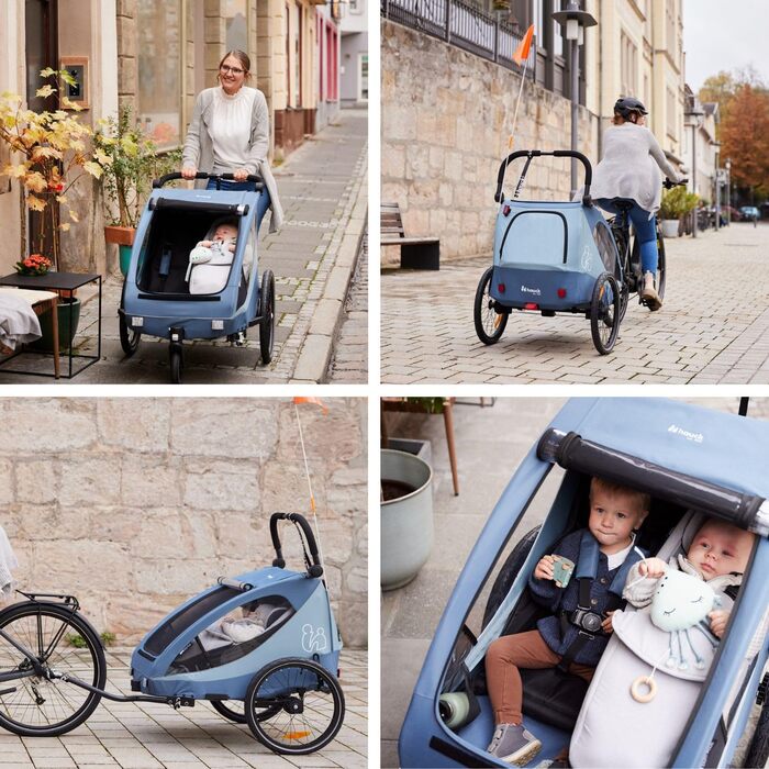 Фahrра-причіп Hauck Dryk Duo Plus Set для 2 дітей з люлькою, тентом та дощем. Складається, з підвіскою та функцією коляски, темно-синій