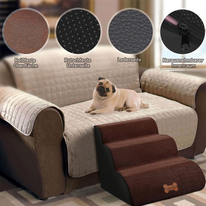 Сходинки для собак Caliyo, 3 сходинки, для маленьких собак та котів, 40 см, знімний чохол, неслизьке дно (60×40×40 см)