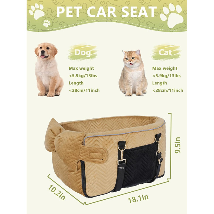 Автокрісло для собак маленьких порід, переноска для собак до 5,9 кг, з м'яким, знімним, миючим подушкою (Колір: Коричневий)