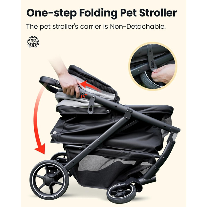 Візок для собак середнього розміру, складаний, з регульованою ручкою, кошиком для зберігання та підстаканником, балдахіном та сітковим віконцем, ідеальний для собак середнього розміру