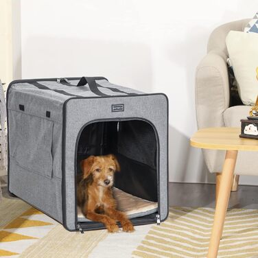 Petsfit переносна велика собача переноска, легка тканинна клітка для подорожей із трьома сітчастими вікнами та кишенею для корму, для середніх і великих собак, світло-сіра
