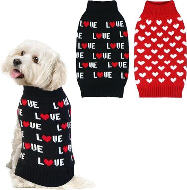 Пуловери для собак на День Святого Валентина (2 шт.), теплий в'язаний одяг з серцем для маленьких, середніх та великих собак, розмір M (червоне серце та чорний напис 