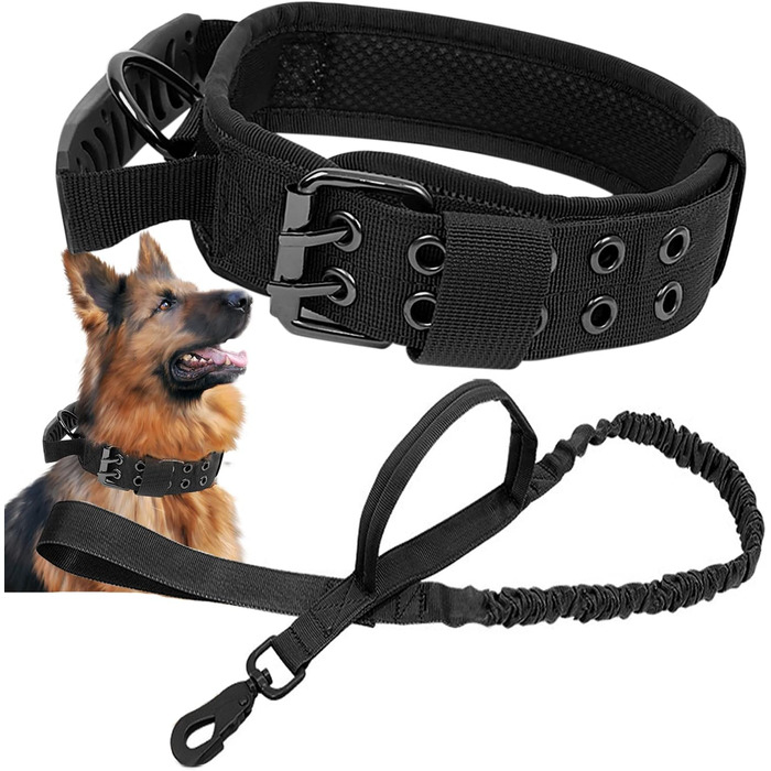 Тактичне обіднє нашийник для собак з ручкою та повідок, військовий нашийник. М'яка підкладка, нейлон, регульований, для середніх та великих собак XL, чорний P5