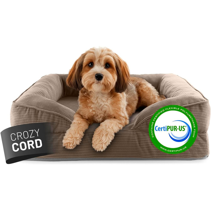 Ортопедичне ліжко для собак Lumaland з корду | Ергономічне собаче ліжко-софа 70x60 см - для маленьких собак | Нековзне дно | Знімний та пральний чохол | Корзина для собак з Memory Foam Cord - Світло-коричневий 70 x 60 см - S