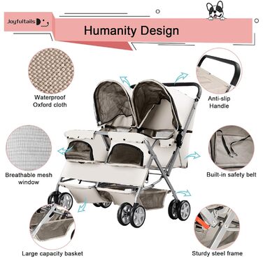 Візок для собак Joyfultails, двомісний візок для домашніх тварин та дітей, складний візок для 2 собак та котів, сумка-переноска для близнят, візок для прогулянок та бігу з собаками, візок для тварин для подорожей з місцем для зберігання (сірий)