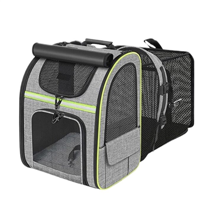 Рюкзак для котів | Переноска для собак, рюкзак для домашніх тварин, розширюваний, дихаючий, складаний, для подорожей, піших прогулянок, транспортування, сірий з зеленими вставками